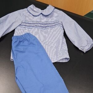Blue Gingham Smocked Kids Set